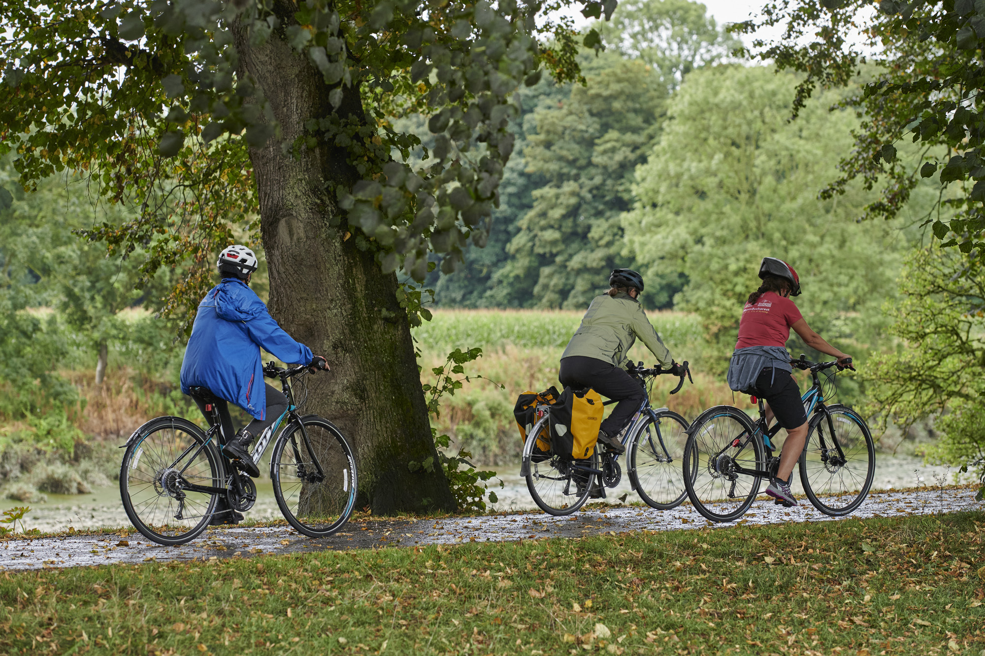 Three females, wearing cycling helmets, cycling through countryside